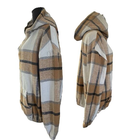 BEAUTS AND BEAUS Women’s L Pullover Hoodie Thick Flannel Tan Plaid - Picture 4 of 8